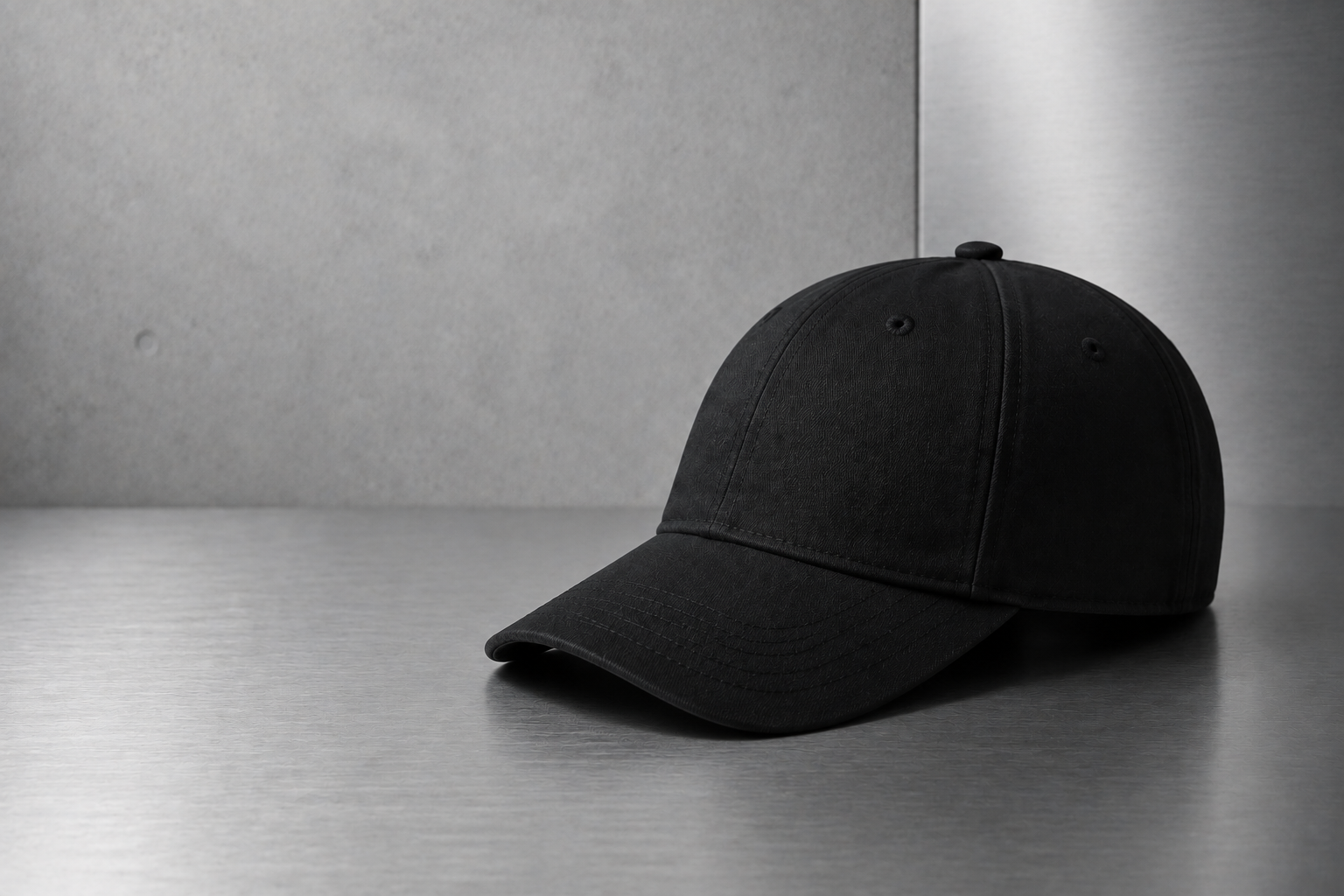 Deep charcoal cap displayed alone against cool concrete and brushed metal