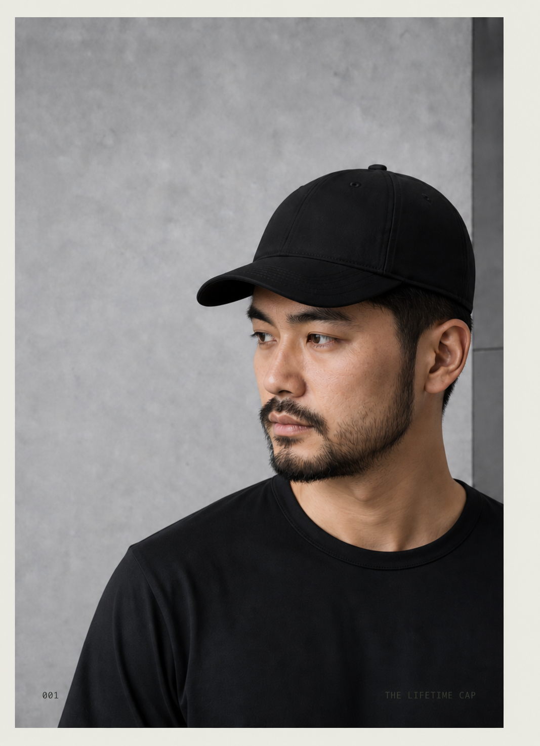 Japanese adult model wearing The Lifetime Cap concept with a black binder-neck T-shirt